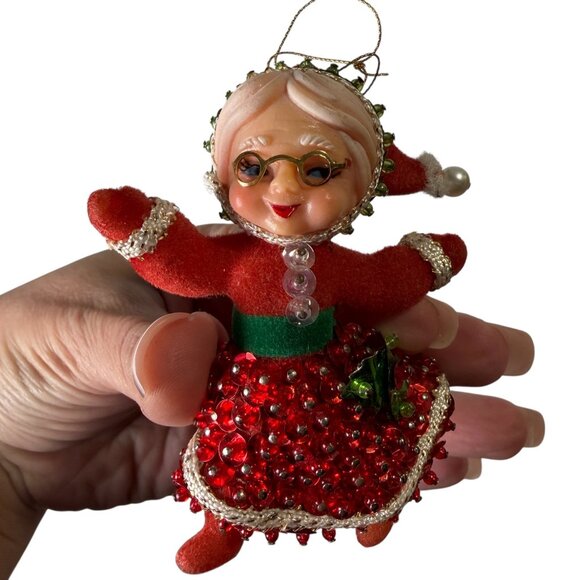 Vtg Mrs Claus Christmas Ornament 1960s-1970s Mod Red Sequin Beads Art Flocked - Picture 2 of 14